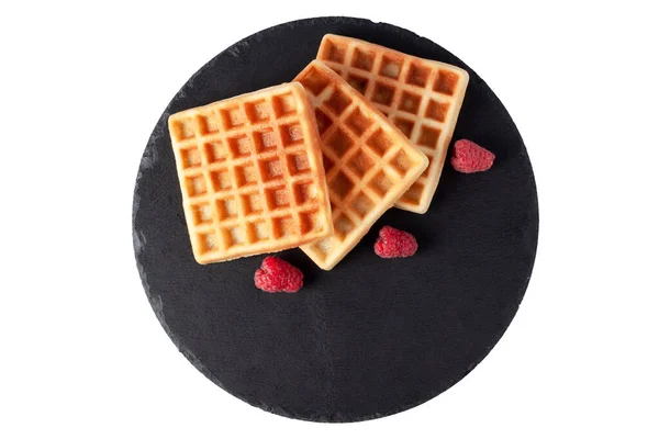 Homemade Waffles Berries Black Stone Plate Isolated Belgian Waffle Fruit — Foto de Stock