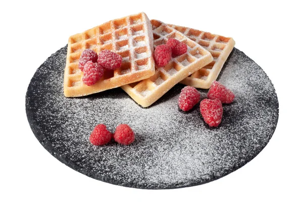Homemade Waffles Berries Sugar Powder Black Stone Plate Isolated Belgian — Foto de Stock
