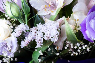 Taze mor gül buketi seçici bir odak ile yakın çekim. Çiçek buketinin arka planını kapat. Sığ DOF