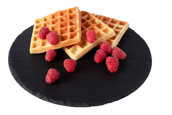 Homemade Waffles Berries Black Stone Plate Isolated Belgian Waffle Fruit — Stock Photo, Image