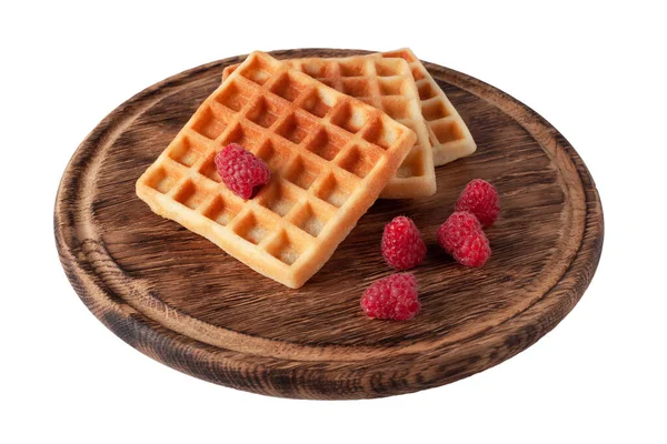 Homemade Waffles Berries Wooden Board Isolated Belgian Waffle Fruit Raspberry — Stock Photo, Image