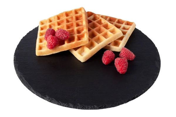 Homemade Waffles Berries Black Stone Plate Isolated Belgian Waffle Fruit — Stock Photo, Image