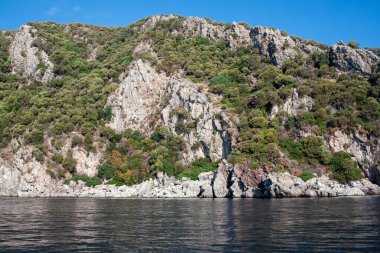 Yeşil ağaçları ve manzarası olan Akdeniz kayalık kıyıları. Deniz manzaralı. Mavi sulardaki kaya yansıması