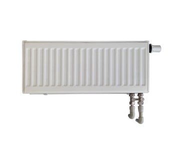 Heating radiator with thermostat isolated on white background. Modern plastic heating pipes. installation of heating systems