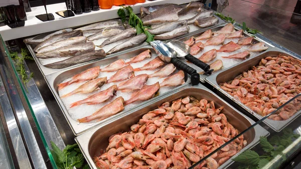 Seafood on ice at the fish market. Fresh raw fish selling in fridge. seafood selling