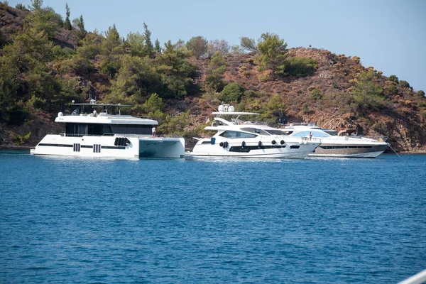 Big White Modern Yachts Moored Aegean Sea Turkey Coast Luxury — 图库照片