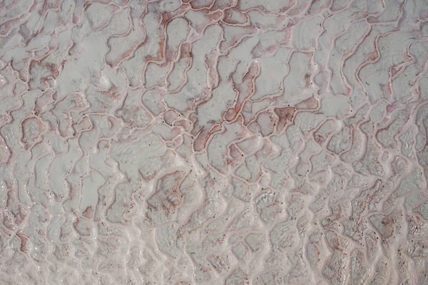 トルコのパムッカレカルシウムトラバーチンの水と石灰岩の床 非対称パターンのクローズアップ 白い綿の城のテクスチャ 赤カルシウムの石のテクスチャ 石灰岩だ 専用画像 — ストック写真