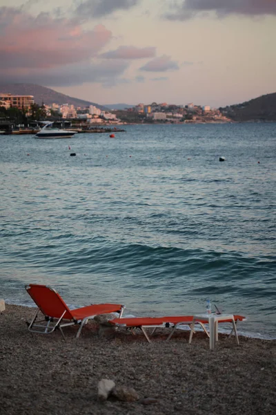 Wybrzeże Plaży Saranda Miasto Albania Lato Podróże Tło Wysokiej Jakości — Zdjęcie stockowe