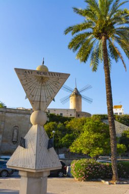Palma de Mallorca, Spain. July 17, 2022 - In the city there are many sundials. This is a set of six sundials that form two united pyramids, in a square next to the marina. Jonquet neighborhood mill