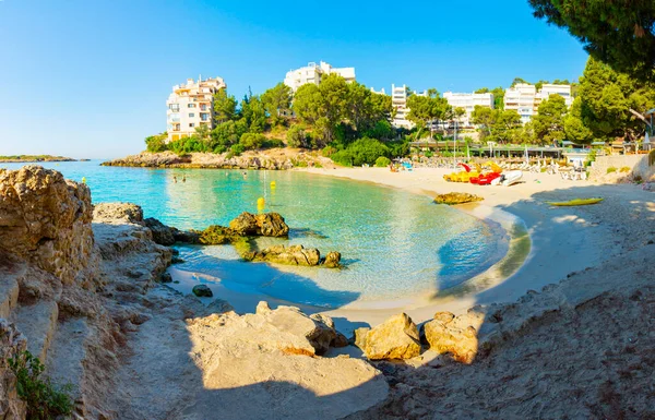 Calvia Mallorca 西班牙 2022年7月18日 伊尔莱斯海滩全景 周围环绕着松树 岩石和建筑物 — 图库照片