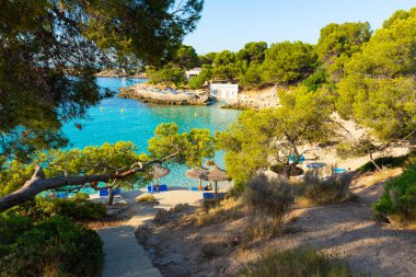 Calvia, Mallorca, İspanya. 18 Temmuz 2022 - Palma şehri yakınlarındaki Ses Illetes sahilindeki Kontes plajına ulaşmak için çam ağaçları arasındaki merdiven. Çeviri: Balearic School of Cano