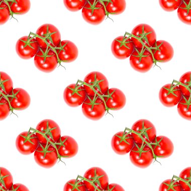 Kırmızı kiraz domatesleri beyaz arkaplanda pürüzsüz desenleri tekrarlar.