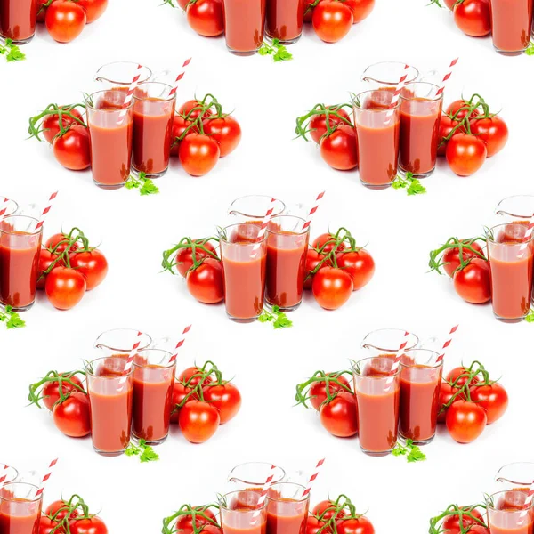 Tomatensaft Und Tomaten Wiederholen Nahtlose Muster Auf Weißem Hintergrund — Stockfoto