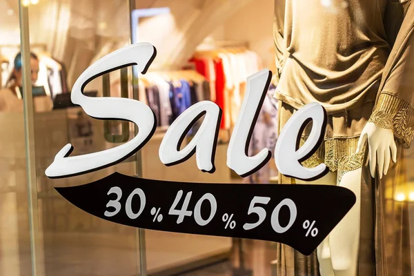 Shop Window Clothing Store Big White Word Sale Shopping Mall — Stock Photo, Image