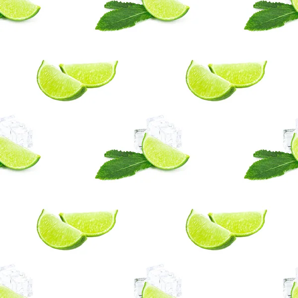 Zielone Limonki Plastry Wapna Powtarzają Bezszwowy Wzór Białym Tle — Zdjęcie stockowe