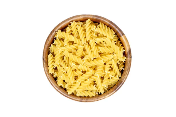 Ovanifrån Gul Okokt Fusilli Pasta Runda Träskål Isolerad Vit Bakgrund — Stockfoto