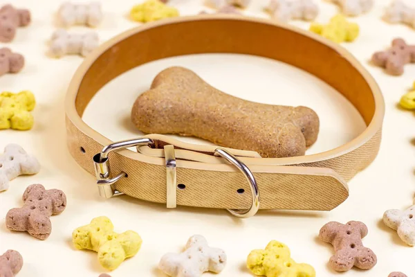 Brown biscuit bones for dogs in a beige collar on light background. Dog and puppy food, healthy treats.