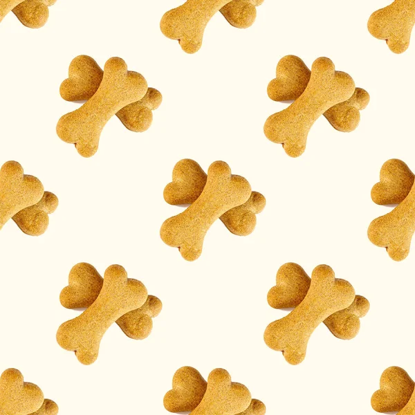 Bone shaped dog biscuit repeat seamless pattern on light background.