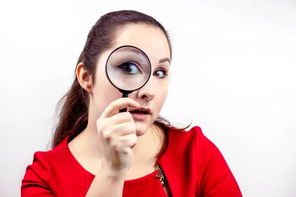 Young Attractive Woman Magnifying Glass Her Hand Eye Inspection Discovery Stock Picture