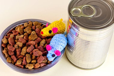 Kahverengi organik kedi mamaları bir kasede, oyuncak fareler ve metal kutuda ıslak kedi mamaları hafif arka planda beslenmek için..