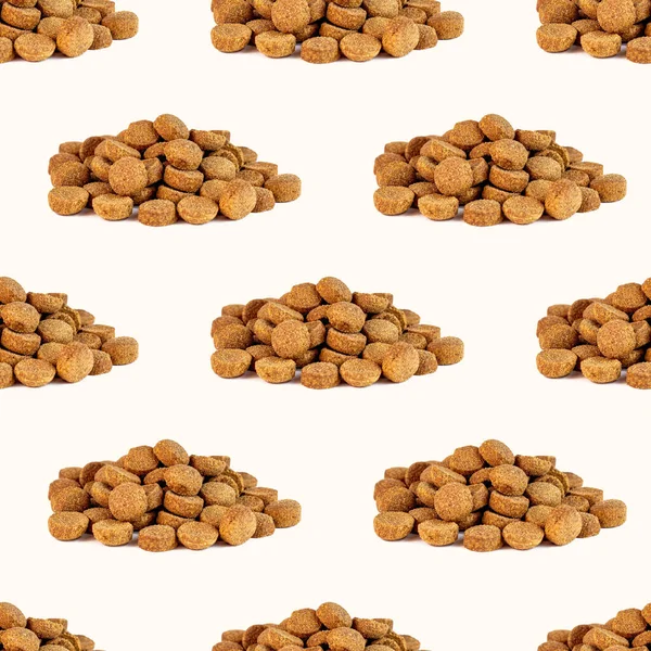 Brown kibble pieces for dog feed heap repeat seamless pattern on light background. Healthy dry pet food wrapping paper.