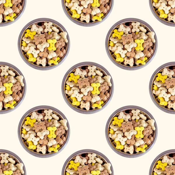 Sušenkové Kosti Pro Krmení Psů Misce Opakují Bezproblémový Vzor Světlém — Stock fotografie