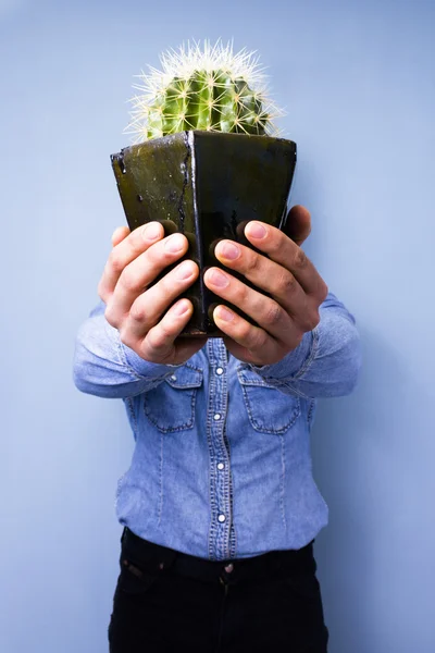 Man die trots presenteert zijn jonge groeiende cactus — Stockfoto