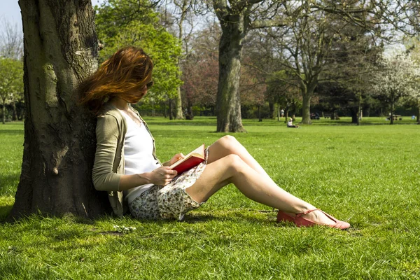 Νεαρή γυναίκα ανάγνωση στο πάρκο — Φωτογραφία Αρχείου
