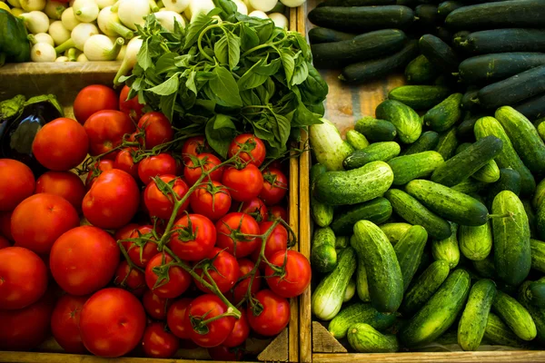 Различные овощи в коробках на рынке — стоковое фото