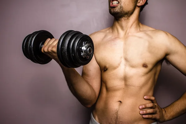 Ajuste entrenamiento de culturistas jóvenes con pesas — Foto de Stock