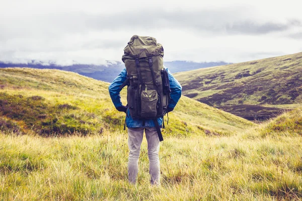 Hill walker hegyi vadon közepén állva — Stock Fotó