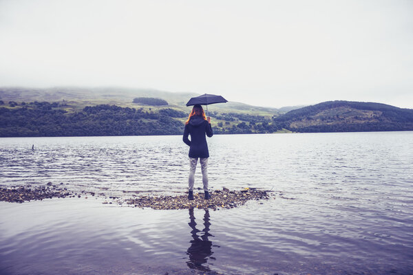 Woman with umbrella standing in lake