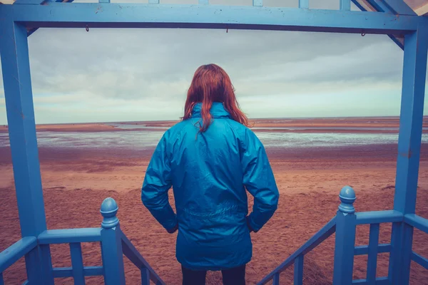 Женщина любуется видом на море из пляжной хижины — стоковое фото