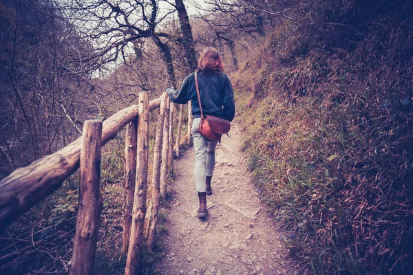 Mujer joven caminando en el bosque —  Fotos de Stock