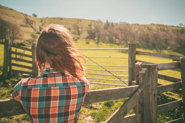 Ung kvinde ved et hegn på en ranch - Stock-foto