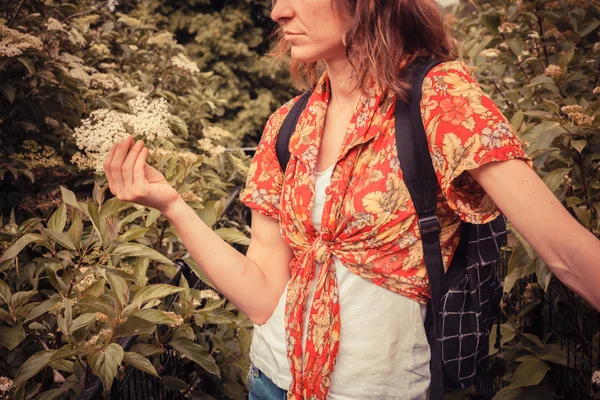 Młoda kobieta zbieranie elderflowers — Zdjęcie stockowe
