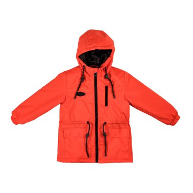 Ceket sonbahar bahar sezonu, su geçirmez malzemeden yapılmış, kapüşonlu, kırmızı renkli, beyaz arka planda izole edilmiş, yakın plan.