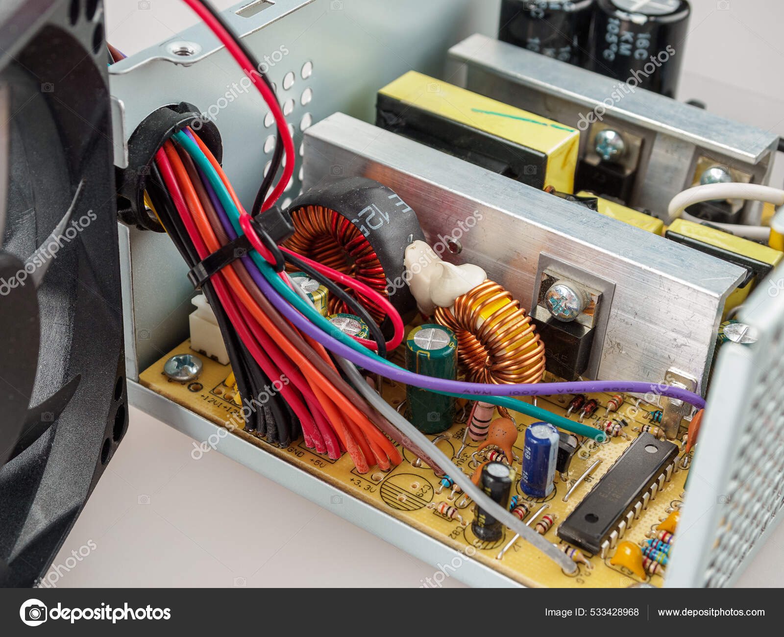 Disassembled Computer Power Supply Repair Internal Device Psu Capacitors Voltage Stock Photo by