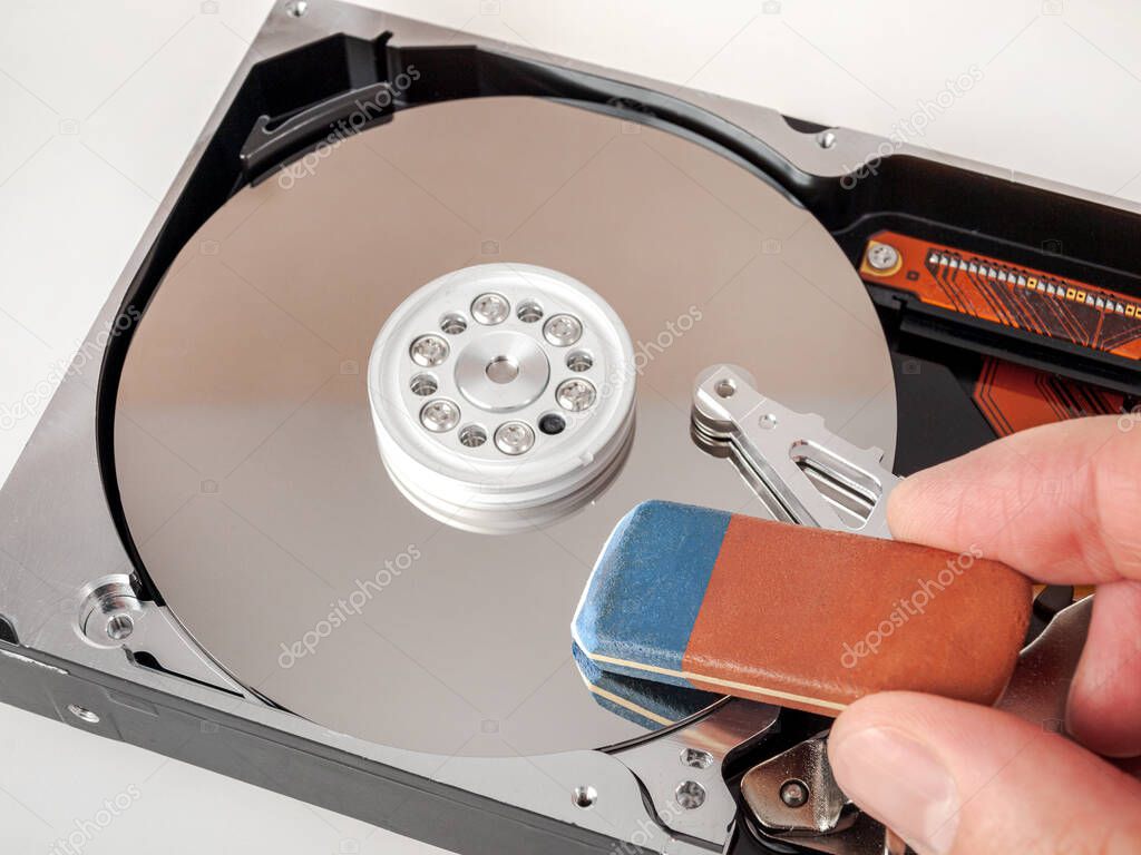 Hard disk for data storage, recovery after erasure, full disk formatting, low-level deletion, close-up
