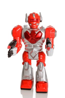 Oyuncak robot kırmızı, uzay kurgu, erkekler için oyuncak, beyaz arka planda izole piller üzerinde saat mekanizması