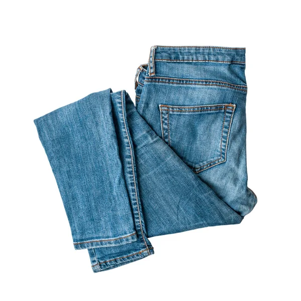 Neatly Folded Denim Jeans Trousers Isolated White Background Denim Clothing — Stock Photo, Image