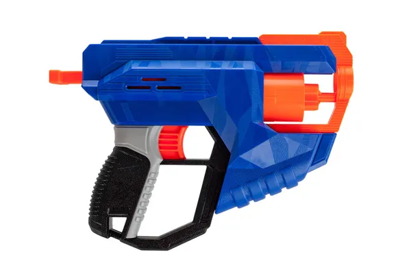 儿童玩具手枪气动式左轮手枪 装有软子弹 其形式为在白色背景上隔离的未来式鼓风机 图库图片