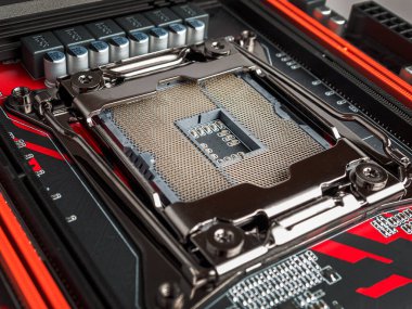 İşlemci modülünün soketi, merkezi işlem ünitesinin güncellemesi, İşlemci, yakın plan, seçici odak