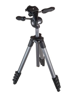 Beyaz arkaplanda izole edilmiş fotoğraf tripodu, alüminyum, hafif, kompakt, seyahat için, panoramik tripod başı