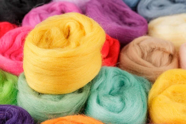 Skeins Wool Fibers Bright Merino Wool Crafts Selective Focus — Stock Photo, Image