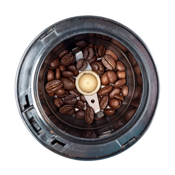 Elektryczna Młynek Kawy Całą Paloną Ziarenką Kawy Wypełnione Zbliżenie Arabica — Zdjęcie stockowe
