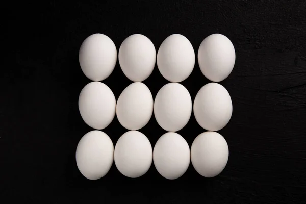 Chicken White Eggs Black Background Farm Products Natural Eggs Chicken — Zdjęcie stockowe