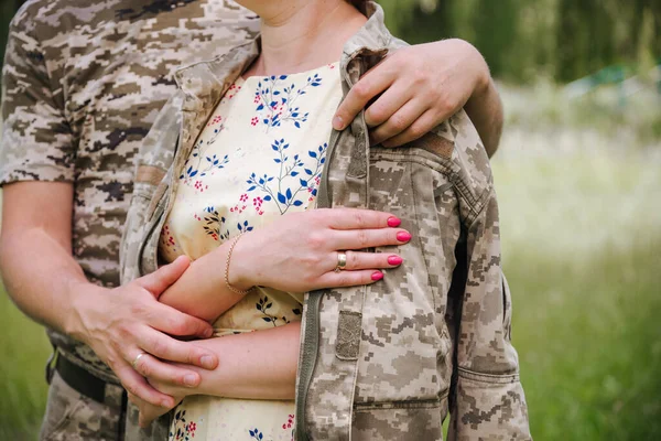 Gentle Female Hands Man Military Uniform — Stock fotografie