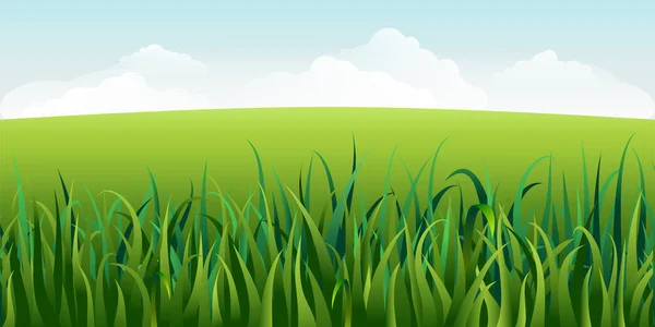 Horizontal grüne Sommerlandschaft mit Gras. sonnige idyllische Frühlingslandschaft mit grünen Wiesen, ländlichen Feldern und Tälern, blauem Himmel, flauschigen Wolken. realistische Naturszene. Banner für den ländlichen Raum. — Stockfoto