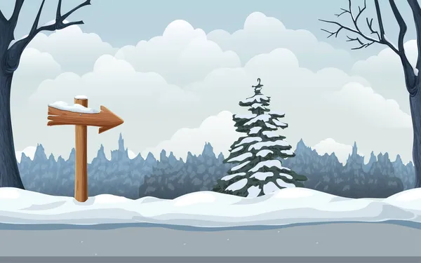 Nahtlose Winterlandschaft mit schneebedeckten Fichten, Bäumen, hölzernen Wegweisern in Schneewehen. Winterwald, Park oder Landschaft im Cartoon-Stil. kalte Jahreszeit horizontale Szene. Hintergrund zum Spiel. — Stockfoto